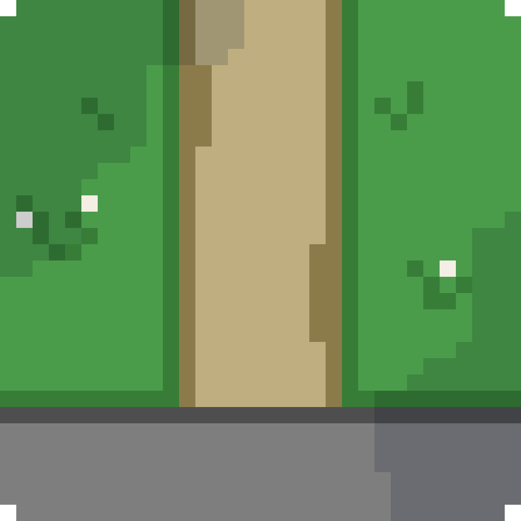 Pixel art of a dirt path beginning at a gray sidewalk and running through a grassy area with small white flowers, with shade from trees.