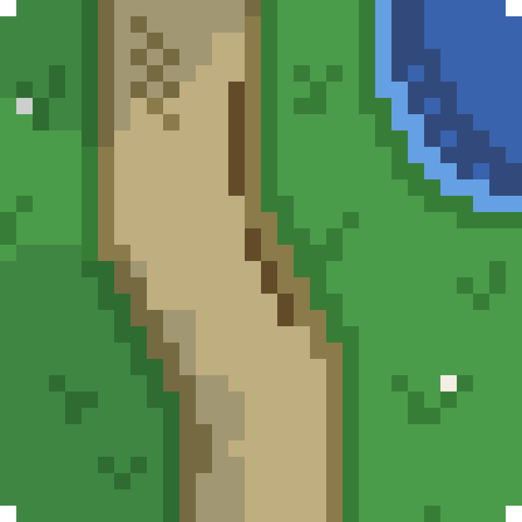 Pixel art of a dirt path running through a grassy area with small white flowers, shade from trees, and the edge of a pond nearby.